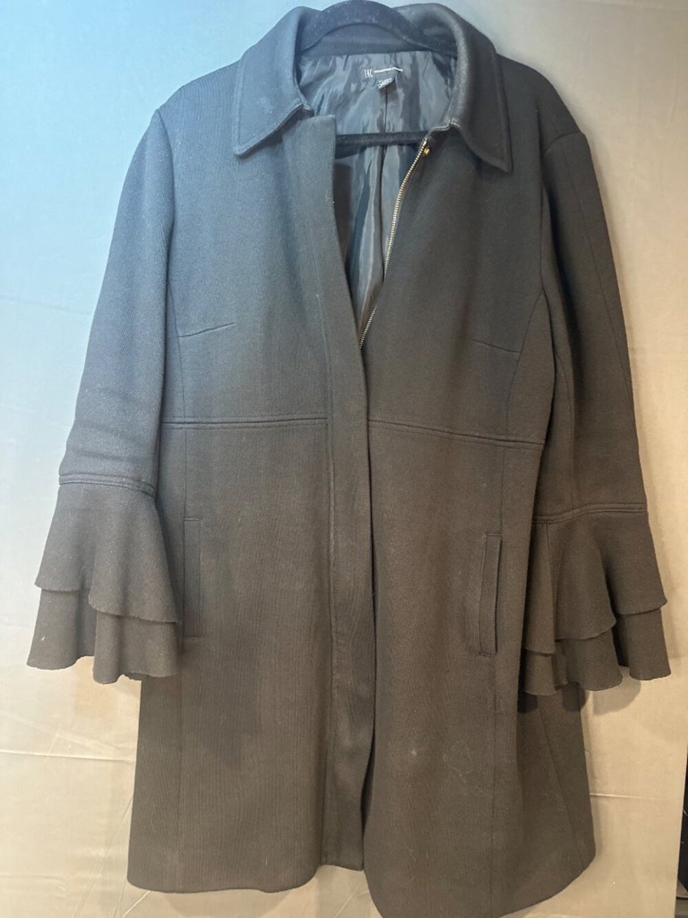 Women XL INC International Concepts Black Cotton Coat Tiered Ruffle Bell Sleeve